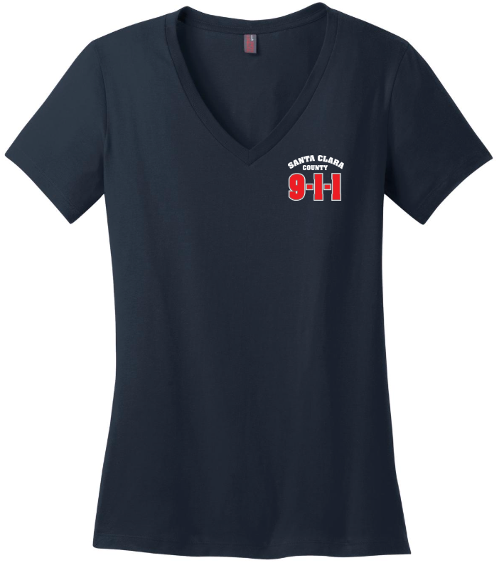 911 Screen Print Front & Back- District Made Ladies Perfect Weight V-Neck Tee