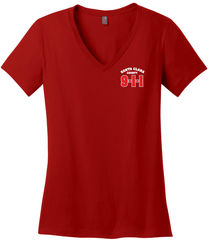 911 Screen Print Front & Back- District Made Ladies Perfect Weight V-Neck Tee