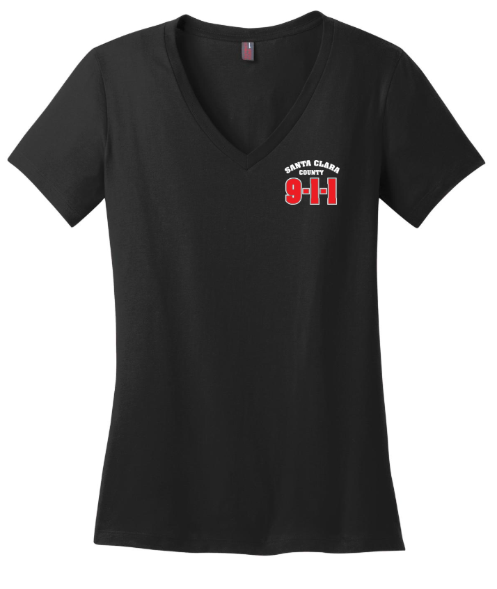 911 Screen Print Front & Back- District Made Ladies Perfect Weight V-Neck Tee